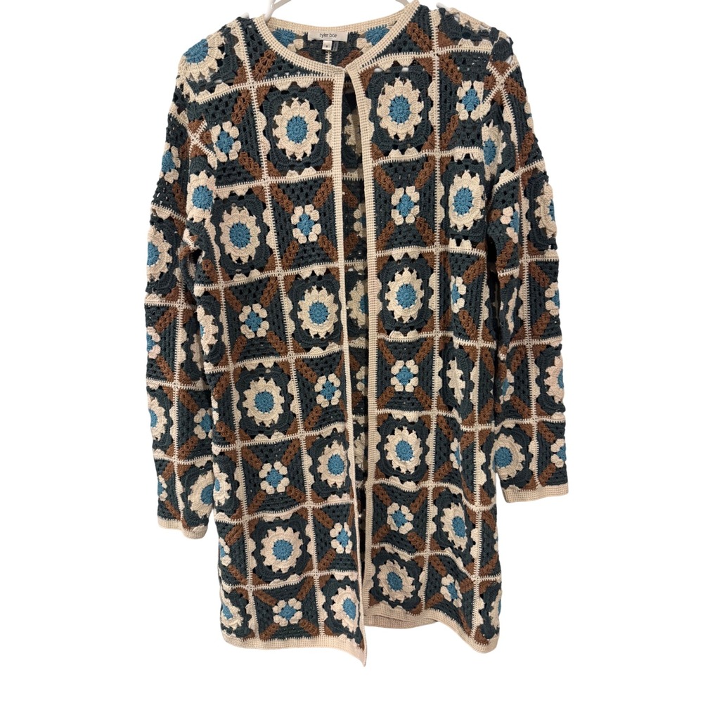 Tyler Boe Womens Granny Square Crochet Cardigan Longline Floral Patchwork Small